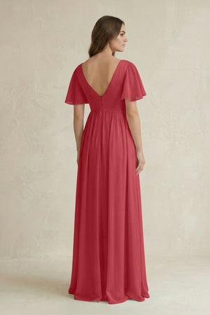Short Sleeve V - Neck A - Line Chiffon Bridesmaid Dress in Merlot - SHE IS ME Bridesmaid Dresses