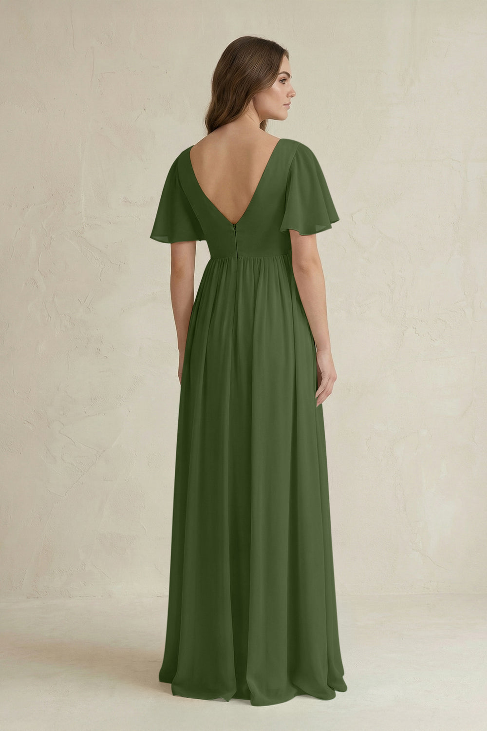Short Sleeve V-Neck A-Line Chiffon Bridesmaid Dress in Moss
