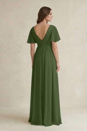 Short Sleeve V-Neck A-Line Chiffon Bridesmaid Dress in Moss (2) | KISSBRIDAL