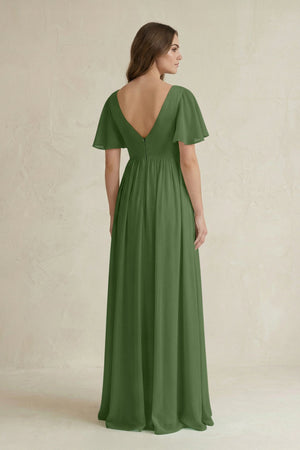 Short Sleeve V - Neck A - Line Chiffon Bridesmaid Dress in Moss - KISS BRIDAL Bridesmaid Dresses