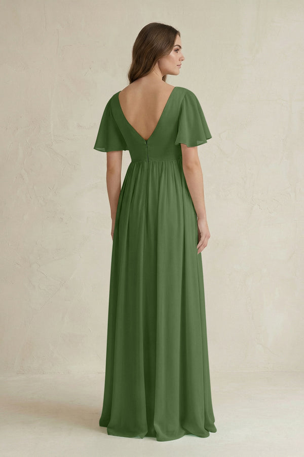 Short Sleeve V - Neck A - Line Chiffon Bridesmaid Dress in Moss - KISS BRIDAL Bridesmaid Dresses