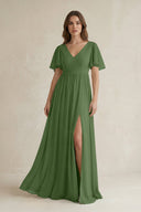 Short Sleeve V - Neck A - Line Chiffon Bridesmaid Dress in Moss - KISS BRIDAL Bridesmaid Dresses