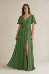 Short Sleeve V - Neck A - Line Chiffon Bridesmaid Dress in Moss - KISS BRIDAL Bridesmaid Dresses