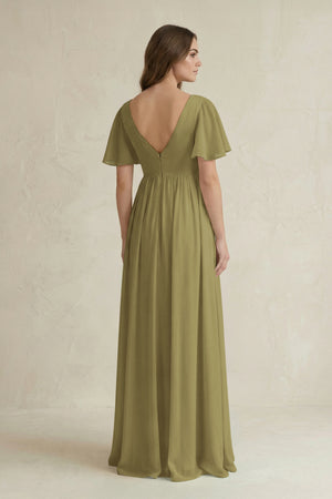 Short Sleeve V-Neck A-Line Chiffon Bridesmaid Dress in Moss Green (2) | KISSBRIDAL