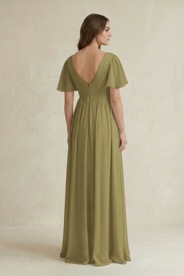Short Sleeve V-Neck A-Line Chiffon Bridesmaid Dress in Moss Green (2) | KISSBRIDAL