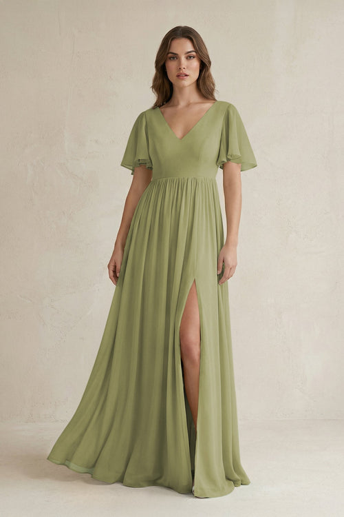 Short Sleeve V - Neck A - Line Chiffon Bridesmaid Dress in Moss Green - SHE IS ME Bridesmaid Dresses