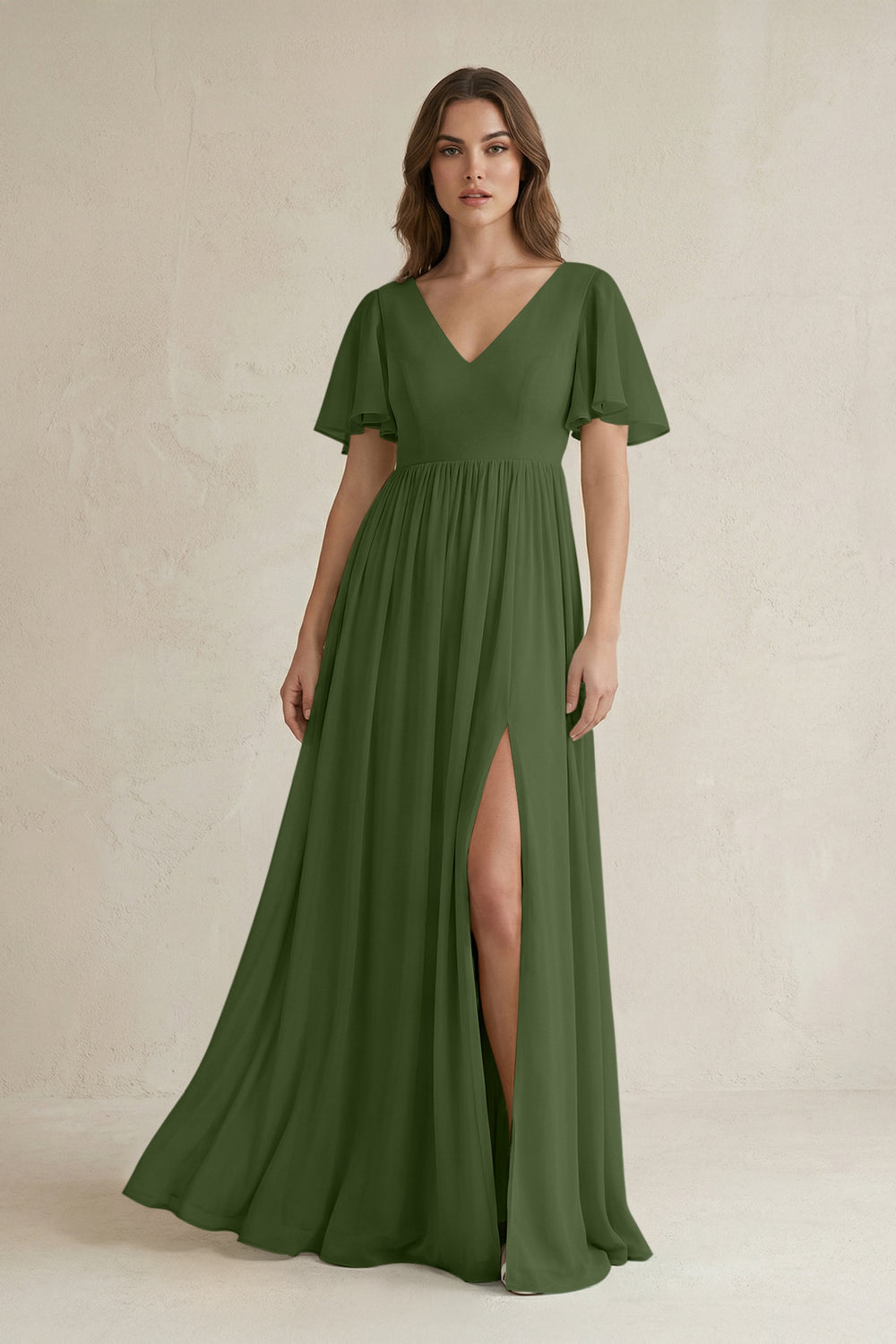 Short Sleeve V-Neck A-Line Chiffon Bridesmaid Dress in Moss