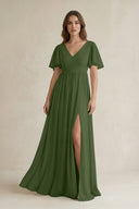 Short Sleeve V-Neck A-Line Chiffon Bridesmaid Dress in Moss | KISSBRIDAL