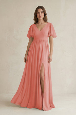 Short Sleeve V - Neck A - Line Chiffon Bridesmaid Dress in Mulberry - SHE IS ME Bridesmaid Dresses