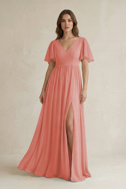 Short Sleeve V - Neck A - Line Chiffon Bridesmaid Dress in Mulberry - SHE IS ME Bridesmaid Dresses