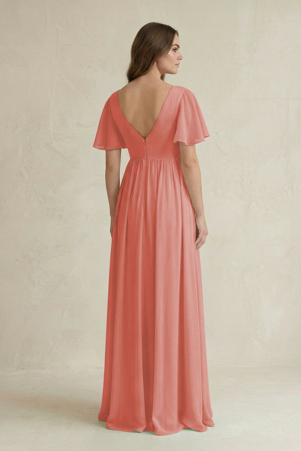 Short Sleeve V - Neck A - Line Chiffon Bridesmaid Dress in Mulberry - SHE IS ME Bridesmaid Dresses