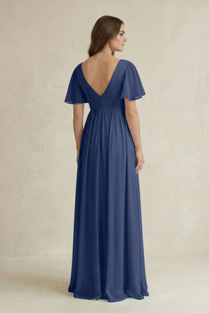 Short Sleeve V - Neck A - Line Chiffon Bridesmaid Dress in Navy - SHE IS ME Bridesmaid Dresses