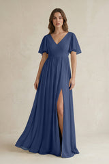 Short Sleeve V - Neck A - Line Chiffon Bridesmaid Dress in Navy - KISS BRIDAL Bridesmaid Dresses