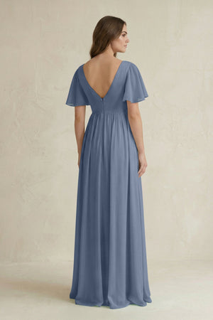 Short Sleeve V - Neck A - Line Chiffon Bridesmaid Dress in Neptune - SHE IS ME Bridesmaid Dresses