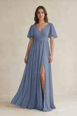 Short Sleeve V - Neck A - Line Chiffon Bridesmaid Dress in Neptune - KISS BRIDAL Bridesmaid Dresses
