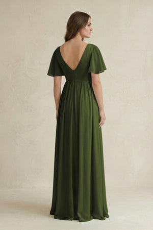 Short Sleeve V - Neck A - Line Chiffon Bridesmaid Dress in Olive - KISS BRIDAL Bridesmaid Dresses