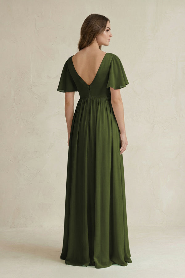 Short Sleeve V - Neck A - Line Chiffon Bridesmaid Dress in Olive - KISS BRIDAL Bridesmaid Dresses