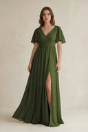 Short Sleeve V - Neck A - Line Chiffon Bridesmaid Dress in Olive - KISS BRIDAL Bridesmaid Dresses