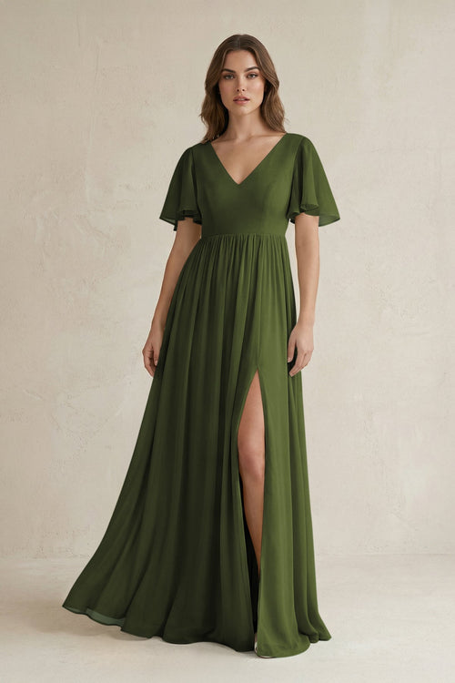 Short Sleeve V - Neck A - Line Chiffon Bridesmaid Dress in Olive - KISS BRIDAL Bridesmaid Dresses