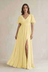 Short Sleeve V - Neck A - Line Chiffon Bridesmaid Dress in Pastel Yellow - KISS BRIDAL Bridesmaid Dresses