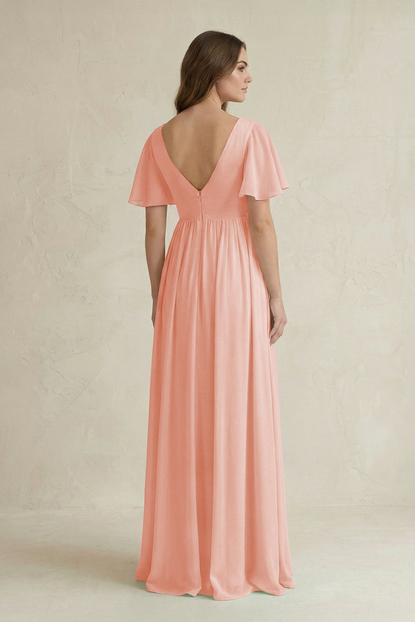 Short Sleeve V - Neck A - Line Chiffon Bridesmaid Dress in Rose Petal - SHE IS ME Bridesmaid Dresses