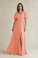 Short Sleeve V - Neck A - Line Chiffon Bridesmaid Dress in Rosette - SHE IS ME Bridesmaid Dresses