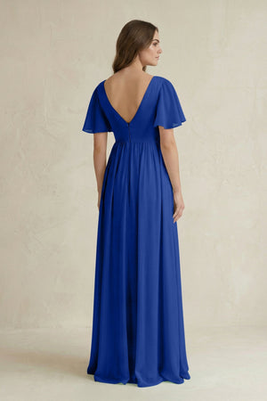 Short Sleeve V - Neck A - Line Chiffon Bridesmaid Dress in Royal Blue - SHE IS ME Bridesmaid Dresses
