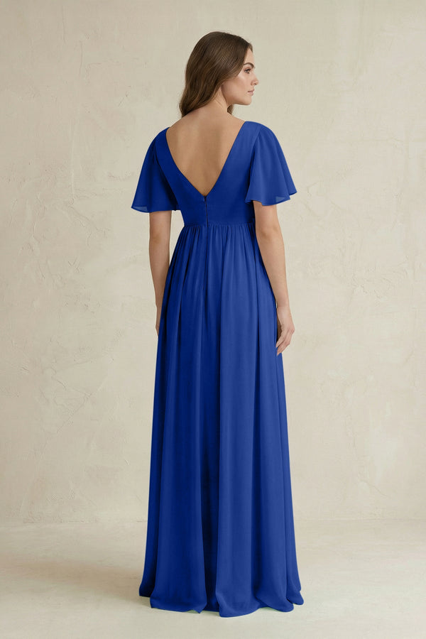 Short Sleeve V - Neck A - Line Chiffon Bridesmaid Dress in Royal Blue - SHE IS ME Bridesmaid Dresses
