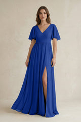 Short Sleeve V - Neck A - Line Chiffon Bridesmaid Dress in Royal Blue - KISS BRIDAL Bridesmaid Dresses