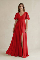 Short Sleeve V - Neck A - Line Chiffon Bridesmaid Dress in Ruby Red - KISS BRIDAL Bridesmaid Dresses