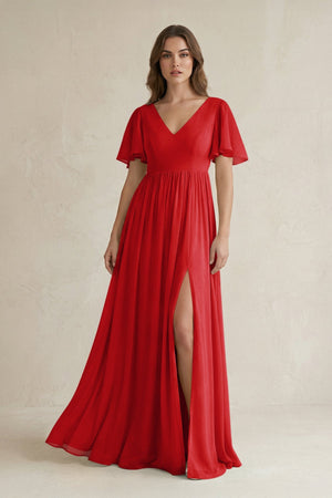Short Sleeve V - Neck A - Line Chiffon Bridesmaid Dress in Ruby Red - SHE IS ME Bridesmaid Dresses