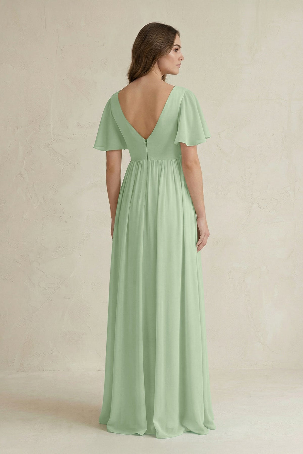 Short Sleeve V - Neck A - Line Chiffon Bridesmaid Dress in Sage - SHE IS ME Bridesmaid Dresses