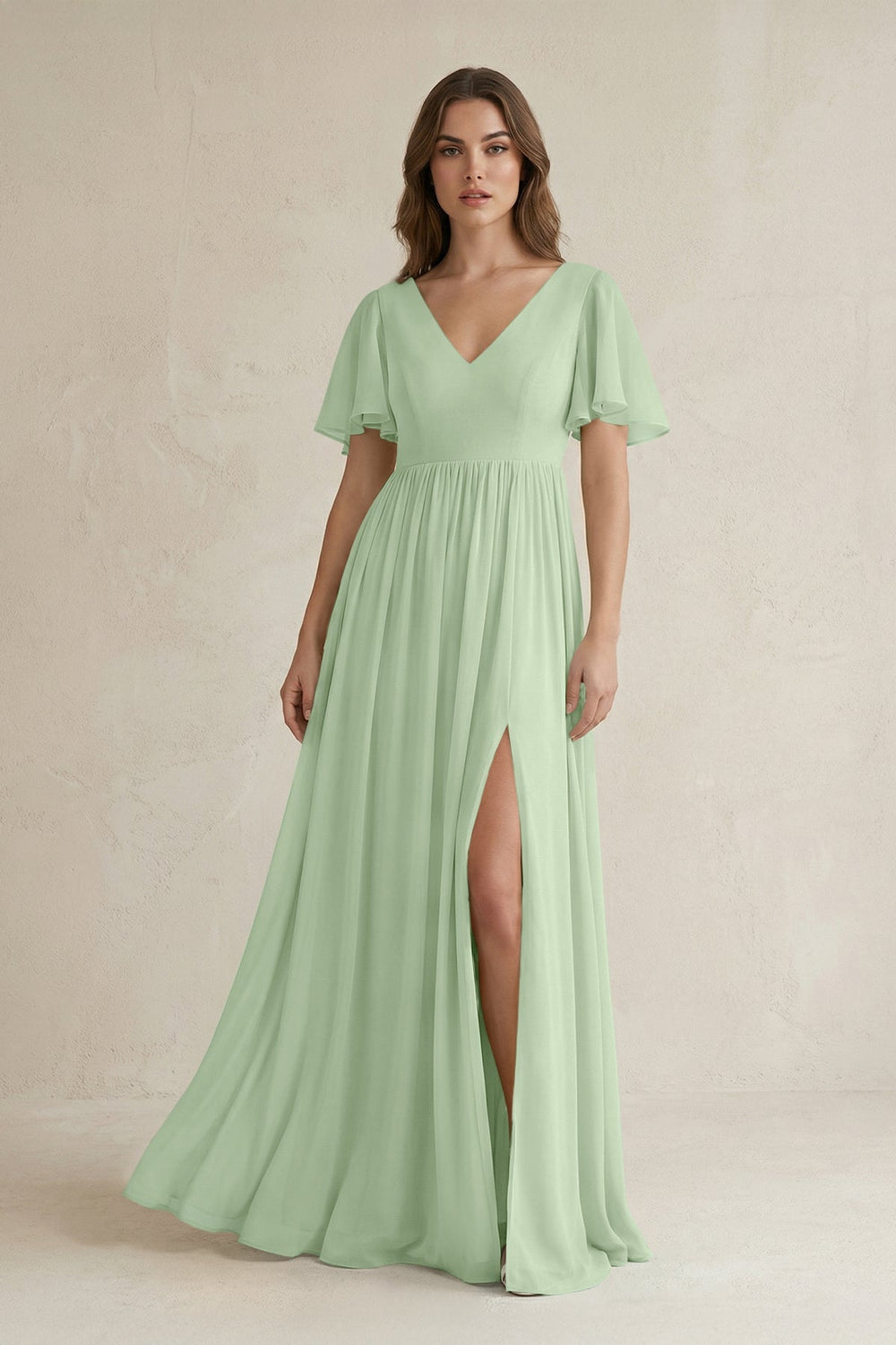 Short Sleeve V - Neck A - Line Chiffon Bridesmaid Dress in Sage - SHE IS ME Bridesmaid Dresses