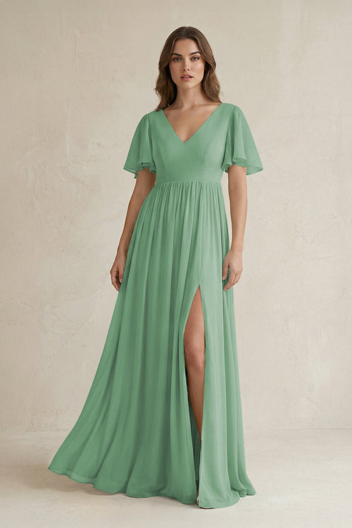 Short Sleeve V - Neck A - Line Chiffon Bridesmaid Dress in Sea Glass - SHE IS ME Bridesmaid Dresses
