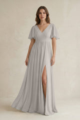 Short Sleeve V - Neck A - Line Chiffon Bridesmaid Dress in Silver - KISS BRIDAL Bridesmaid Dresses