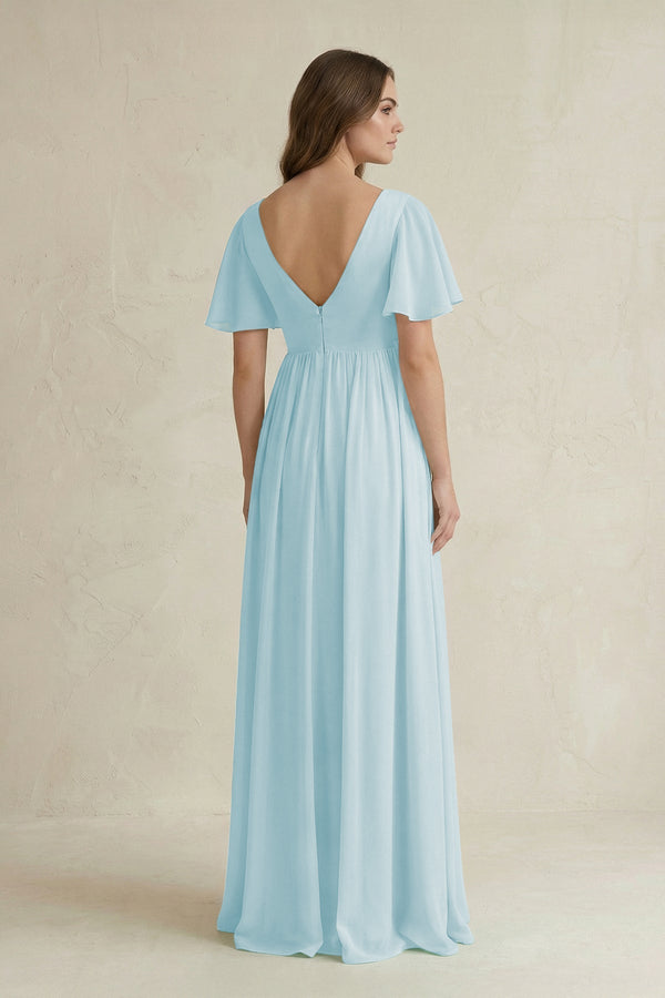 Short Sleeve V - Neck A - Line Chiffon Bridesmaid Dress in Sky Blue - SHE IS ME Bridesmaid Dresses