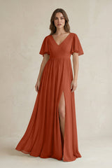 Short Sleeve V - Neck A - Line Chiffon Bridesmaid Dress in Spice - KISS BRIDAL Bridesmaid Dresses