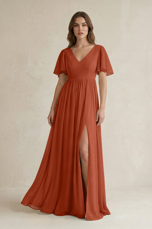 Short Sleeve V - Neck A - Line Chiffon Bridesmaid Dress in Spice - KISS BRIDAL Bridesmaid Dresses
