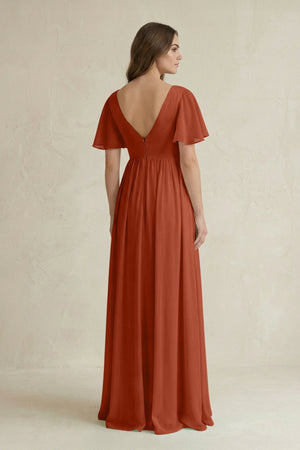 Short Sleeve V - Neck A - Line Chiffon Bridesmaid Dress in Spice - KISS BRIDAL Bridesmaid Dresses