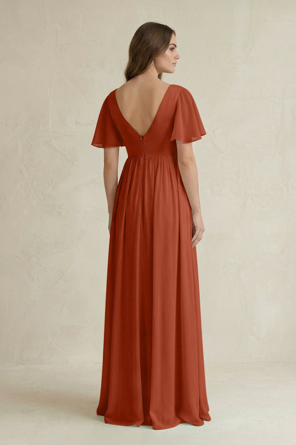 Short Sleeve V - Neck A - Line Chiffon Bridesmaid Dress in Spice - KISS BRIDAL Bridesmaid Dresses