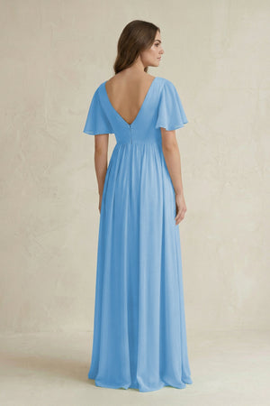 Short Sleeve V - Neck A - Line Chiffon Bridesmaid Dress in Steel Blue - SHE IS ME Bridesmaid Dresses