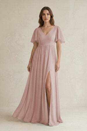 Short Sleeve V - Neck A - Line Chiffon Bridesmaid Dress in Toffee - SHE IS ME Bridesmaid Dresses