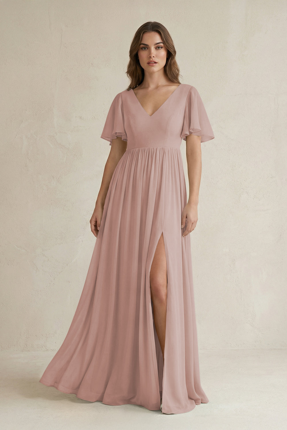 Short Sleeve V-Neck A-Line Chiffon Bridesmaid Dress in Toffee