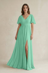 Short Sleeve V - Neck A - Line Chiffon Bridesmaid Dress in Turquoise - KISS BRIDAL Bridesmaid Dresses