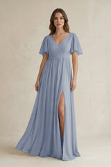 Short Sleeve V - Neck A - Line Chiffon Bridesmaid Dress in Twilight - KISS BRIDAL Bridesmaid Dresses