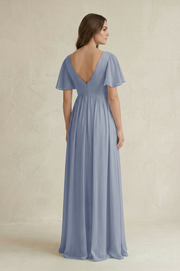 Short Sleeve V - Neck A - Line Chiffon Bridesmaid Dress in Twilight - SHE IS ME Bridesmaid Dresses