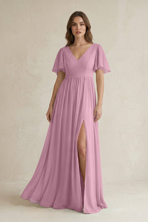 Short Sleeve V - Neck A - Line Chiffon Bridesmaid Dress in Vintage Mauve - KISS BRIDAL Bridesmaid Dresses