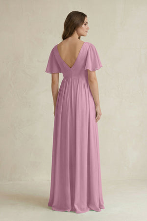 Short Sleeve V - Neck A - Line Chiffon Bridesmaid Dress in Vintage Mauve - KISS BRIDAL Bridesmaid Dresses