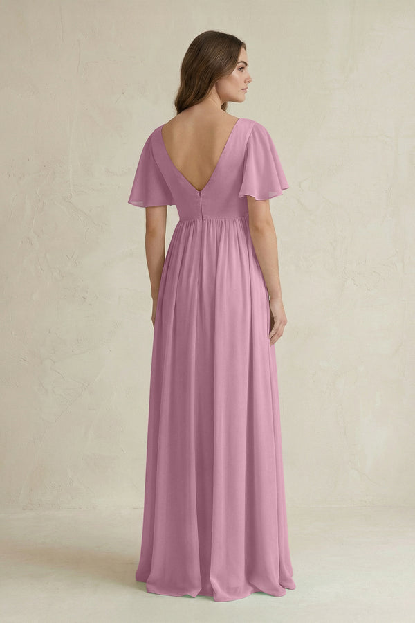Short Sleeve V - Neck A - Line Chiffon Bridesmaid Dress in Vintage Mauve - KISS BRIDAL Bridesmaid Dresses