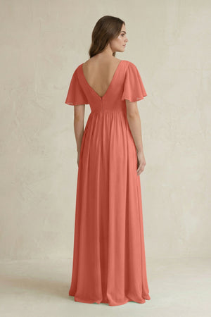 Short Sleeve V - Neck A - Line Chiffon Bridesmaid Dress in Wild Rose - KISS BRIDAL Bridesmaid Dresses